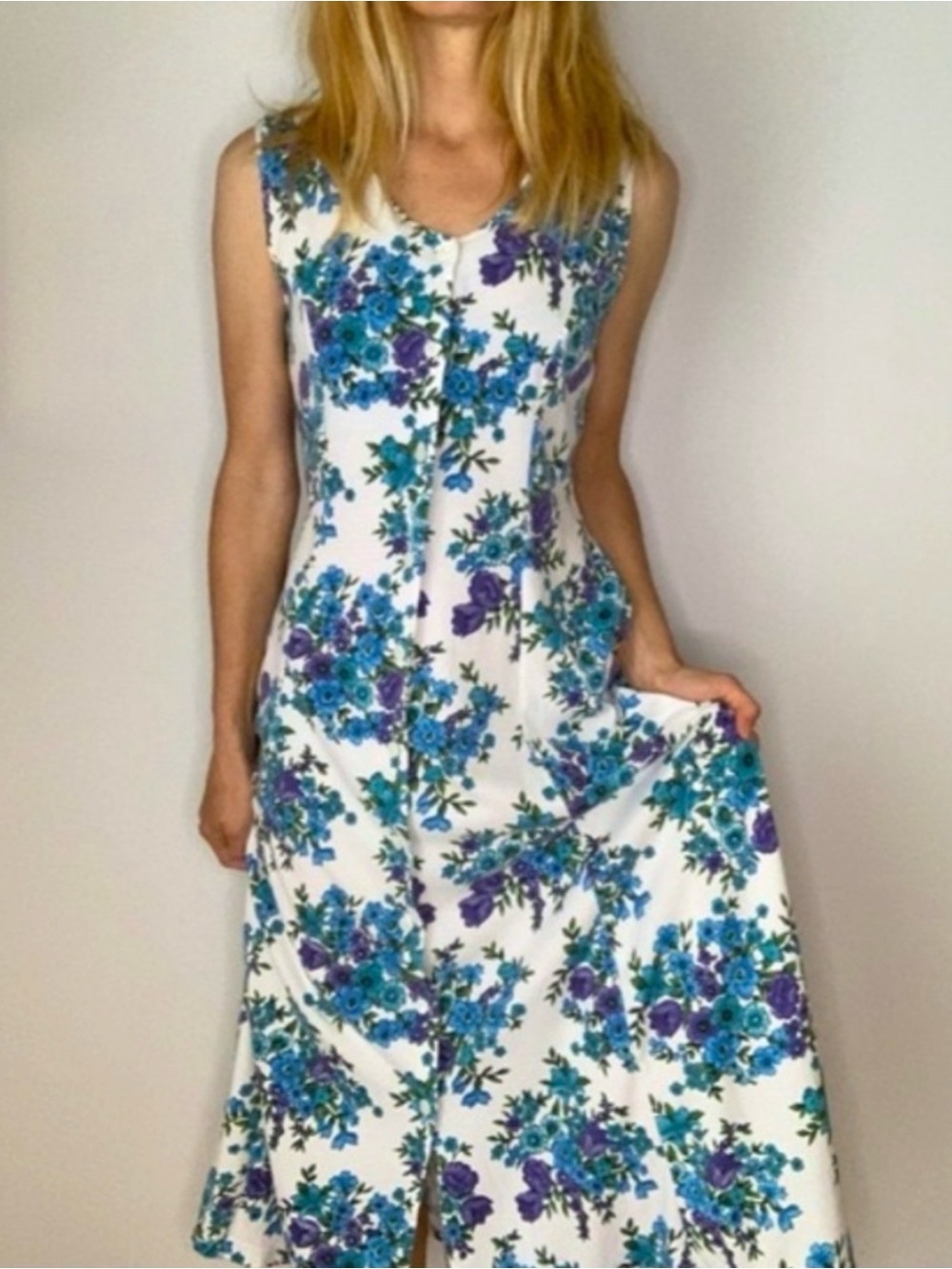VTG Carolyn Taylor White Floral Button-Front Midi Dress Blue Teal Y2K